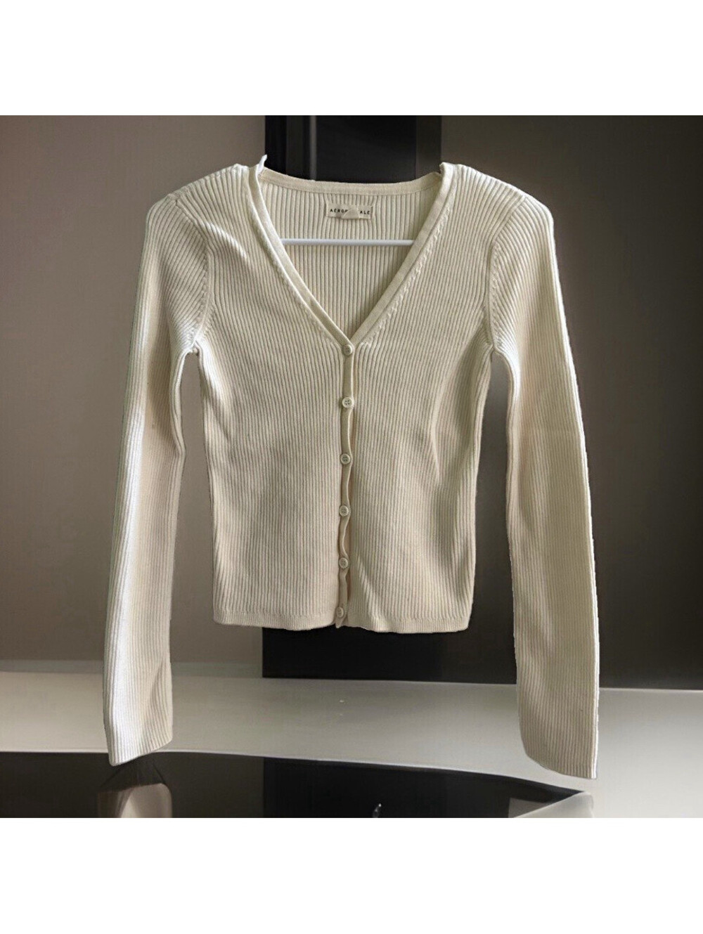 Aeropostale Womens Small Cream Ribbed Cardigan 100% Cotton Y2K Fitted Top